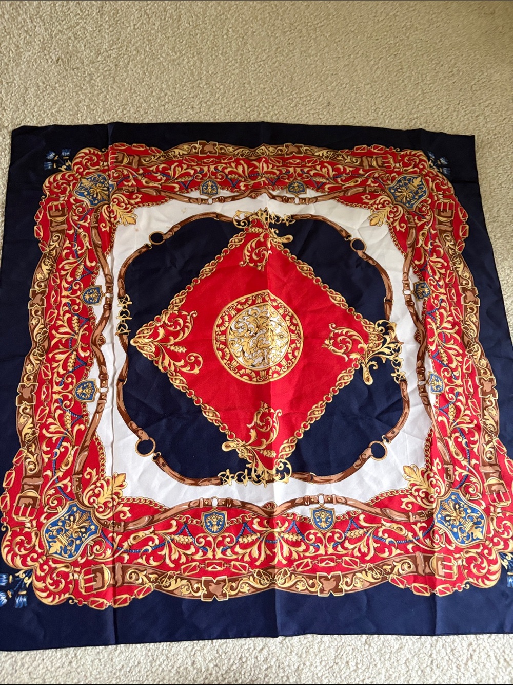 Vtg Baroque Red Blue White Square Scarf